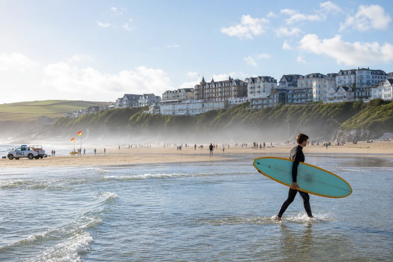 Surfer in a black wetsuit carrying a board through shallow water at Fistral Beach, Newquay, Cornwall, with the town on the cliffs behind